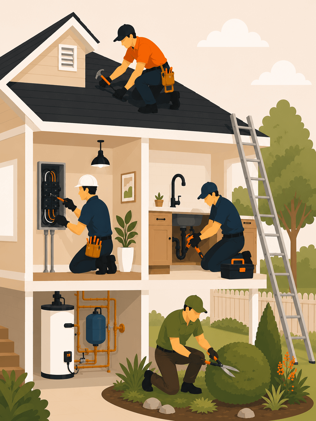 Illustrated roofer, plumber, electrician, and landscaper: the local service trades Robinson Web Solutions builds websites for
