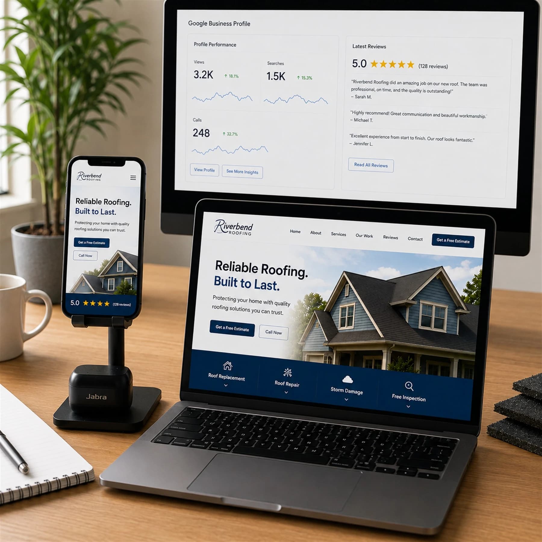 Professional website displayed on laptop and phone